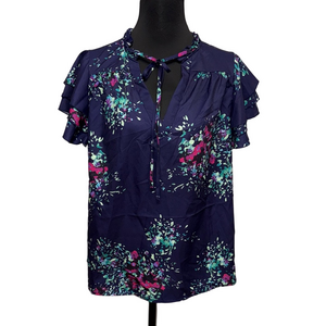 SHEIN 2XL Floral Blouse Navy Ruffle Sleeve Tie Neck Boho Top Plus